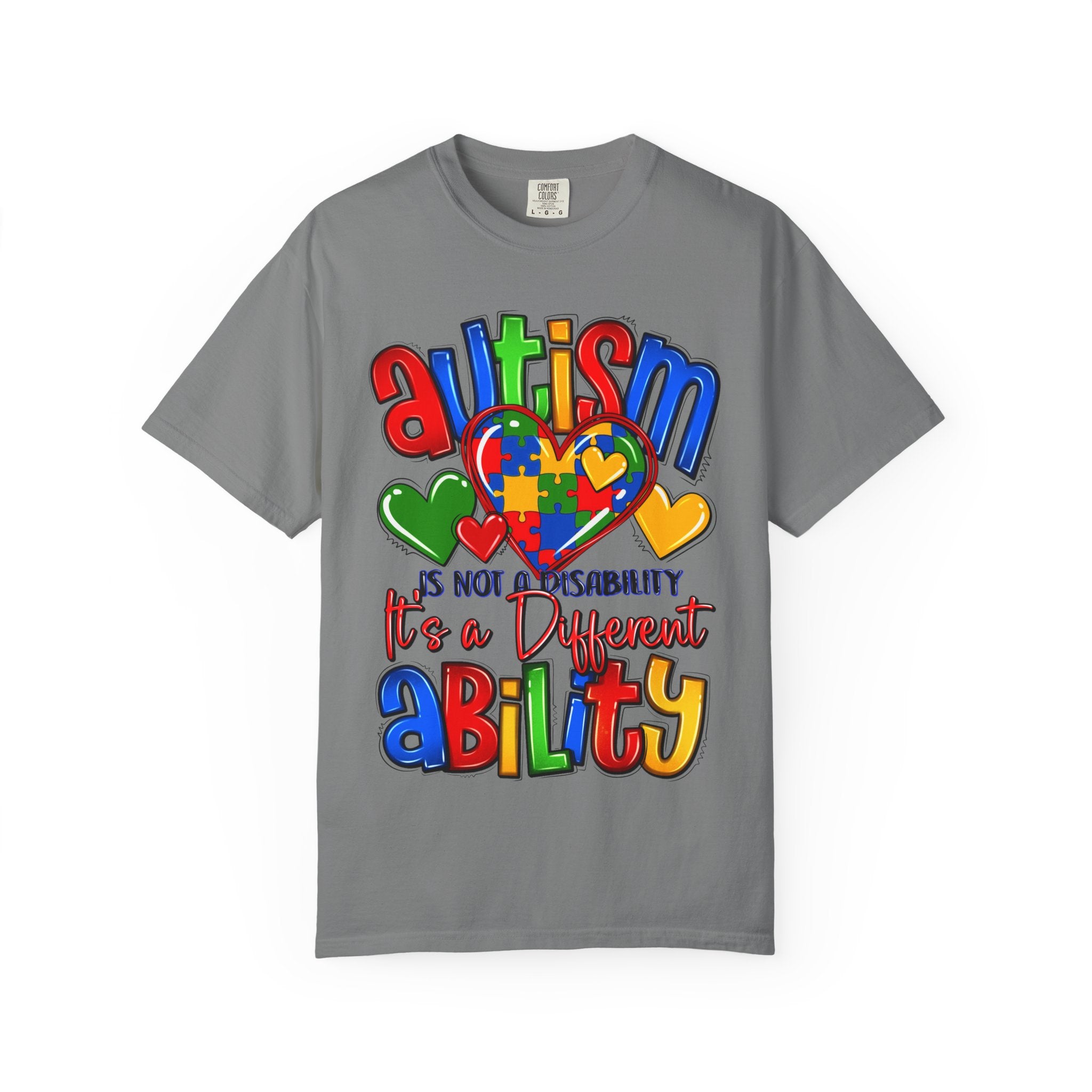 Autism Awareness T-Shirt — "Autism Is Not A Disability, It's A Different Ability" Puzzle Heart Design