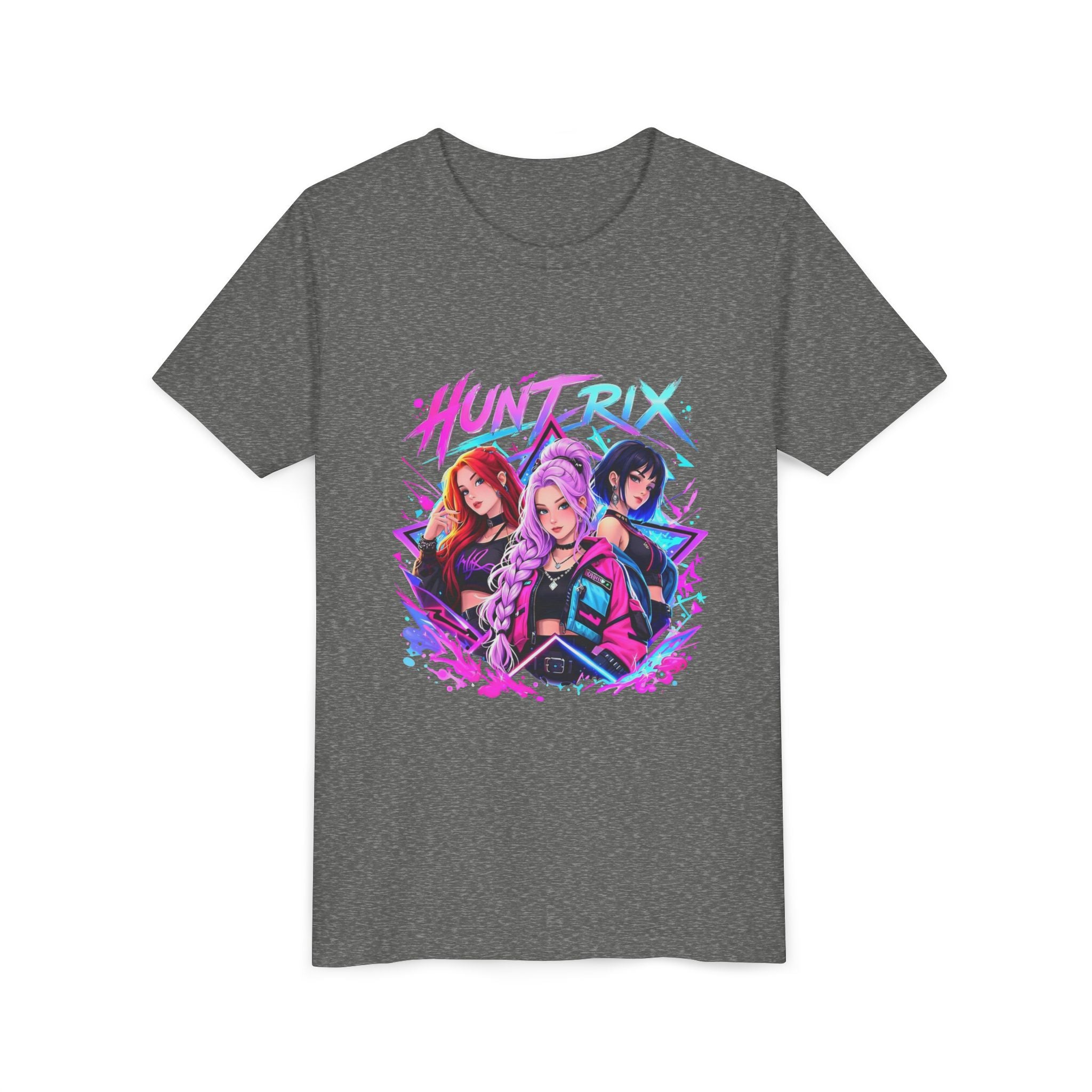 Youth Tee — 'HUNTRIX' Neon Anime Girl Squad Graphic Shirt