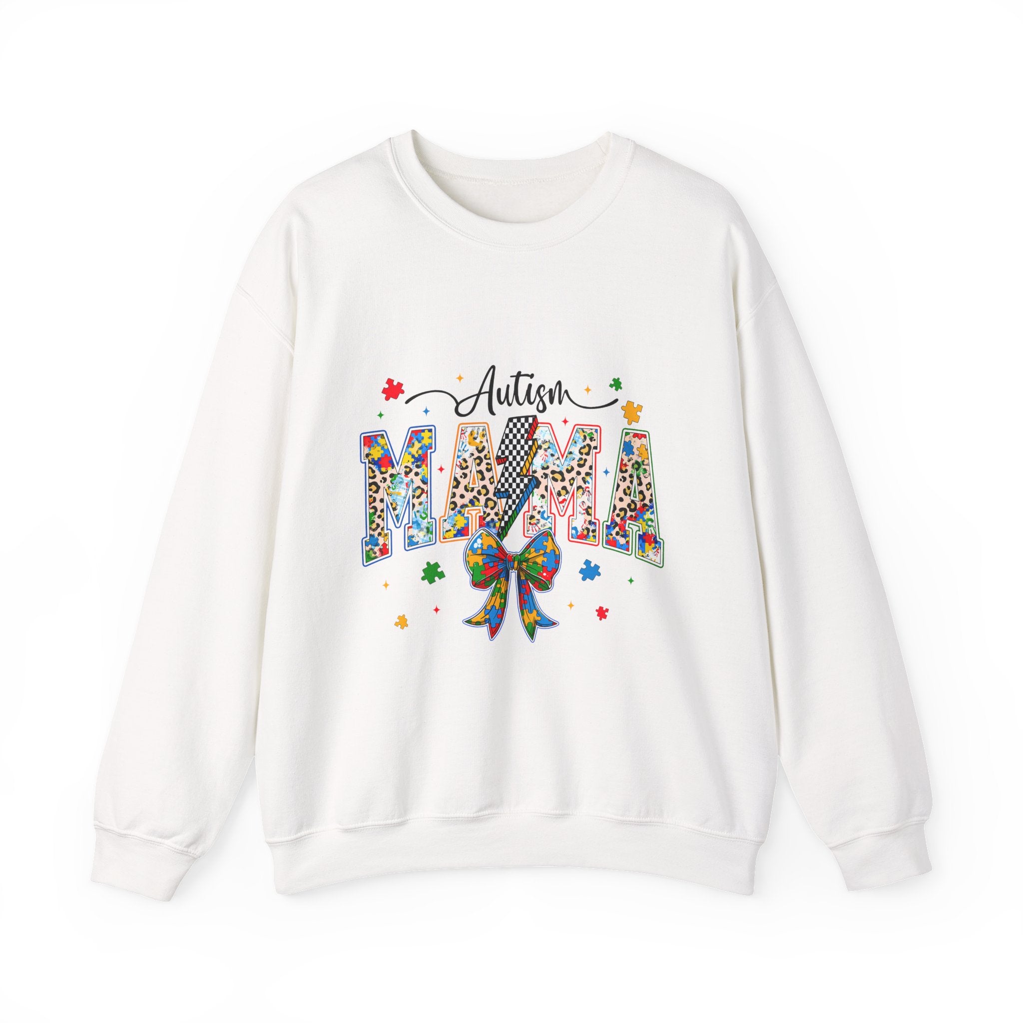 Autism Mama Sweatshirt - Colorful Puzzle Ribbon Mom Crewneck for Awareness & Support