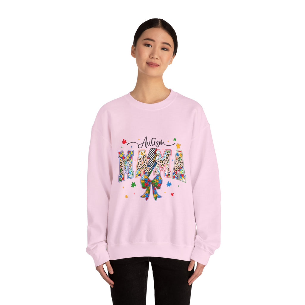 Autism Mama Sweatshirt - Colorful Puzzle Ribbon Mom Crewneck for Awareness & Support