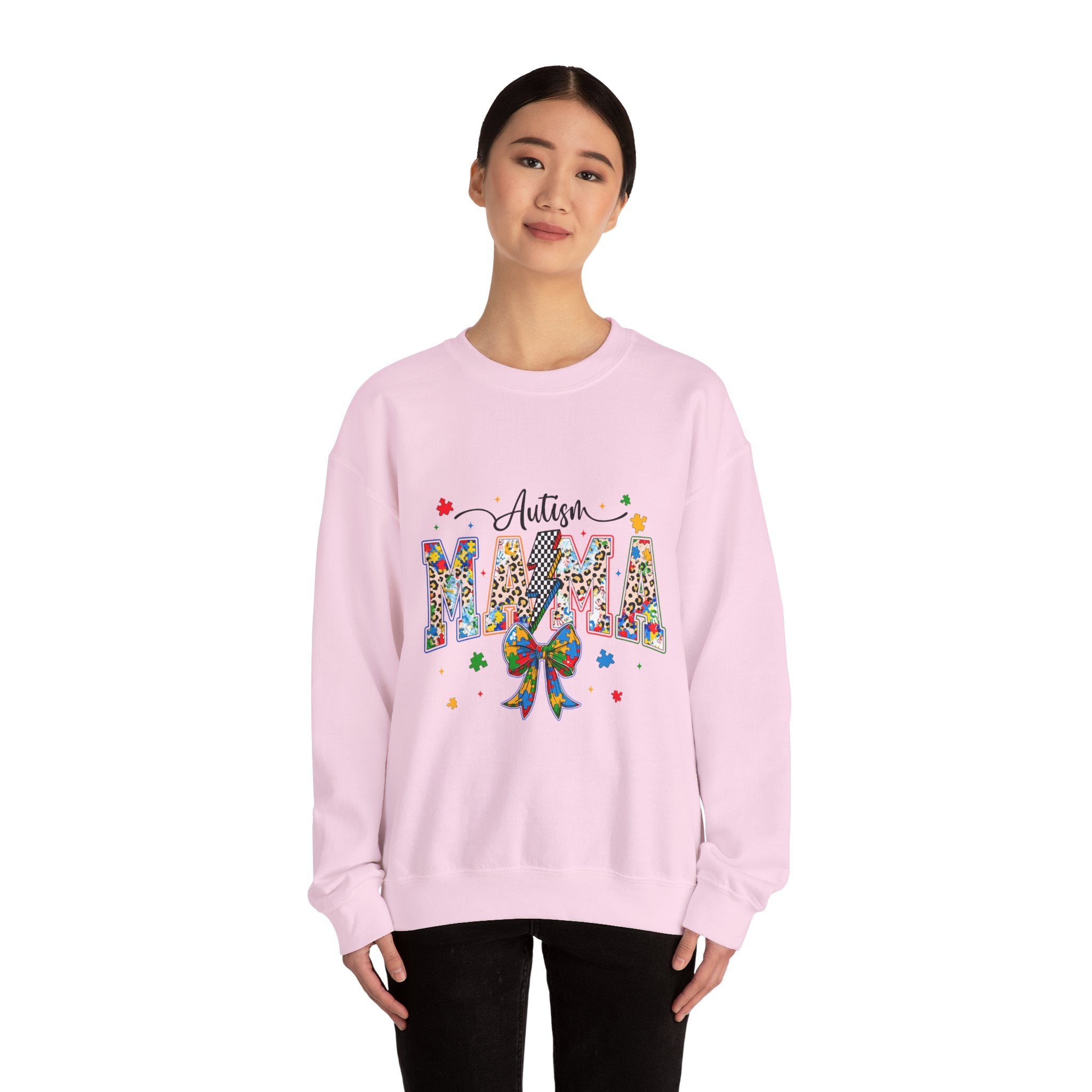 Autism Mama Sweatshirt - Colorful Puzzle Ribbon Mom Crewneck for Awareness & Support
