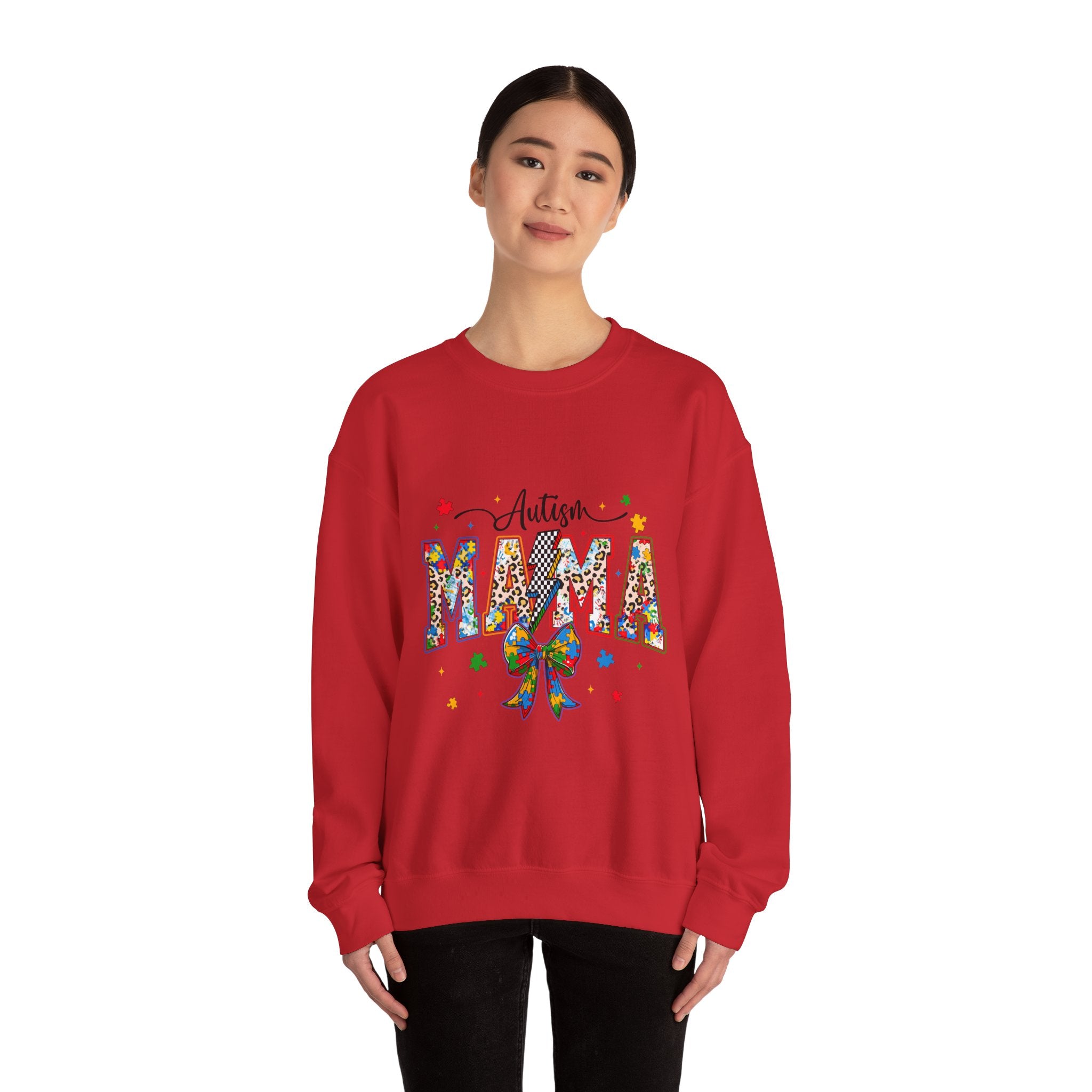 Autism Mama Sweatshirt - Colorful Puzzle Ribbon Mom Crewneck for Awareness & Support
