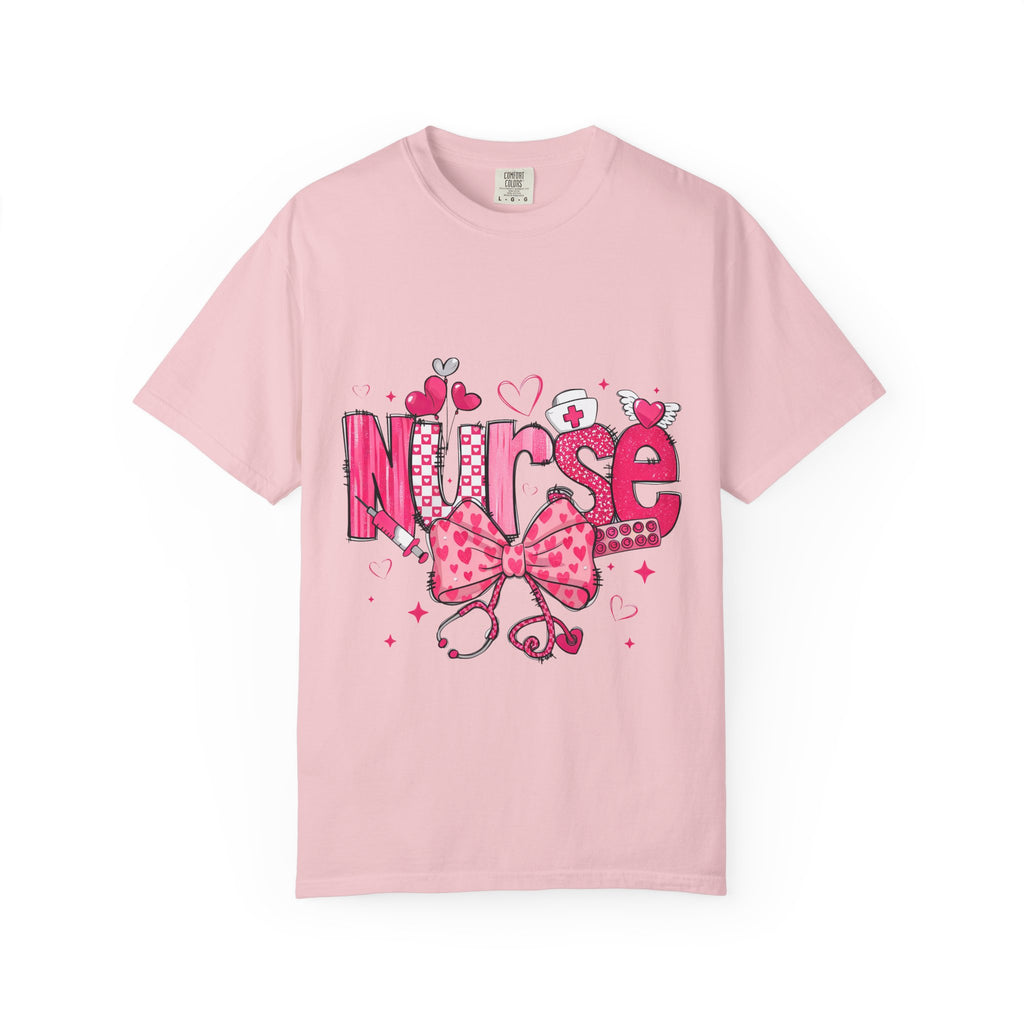 Nurse Pink Hearts Tee — Cute Stethoscope & Bow Nursing Shirt
