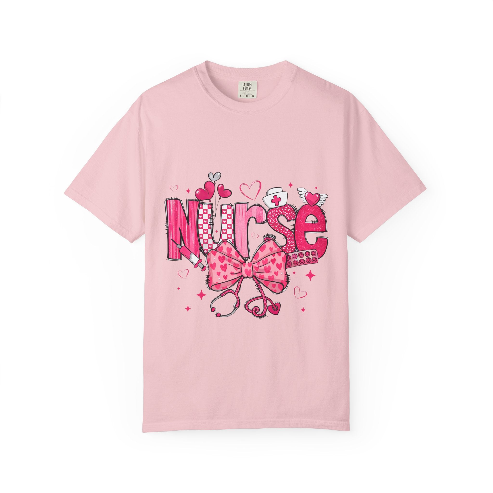 Nurse Pink Hearts Tee — Cute Stethoscope & Bow Nursing Shirt