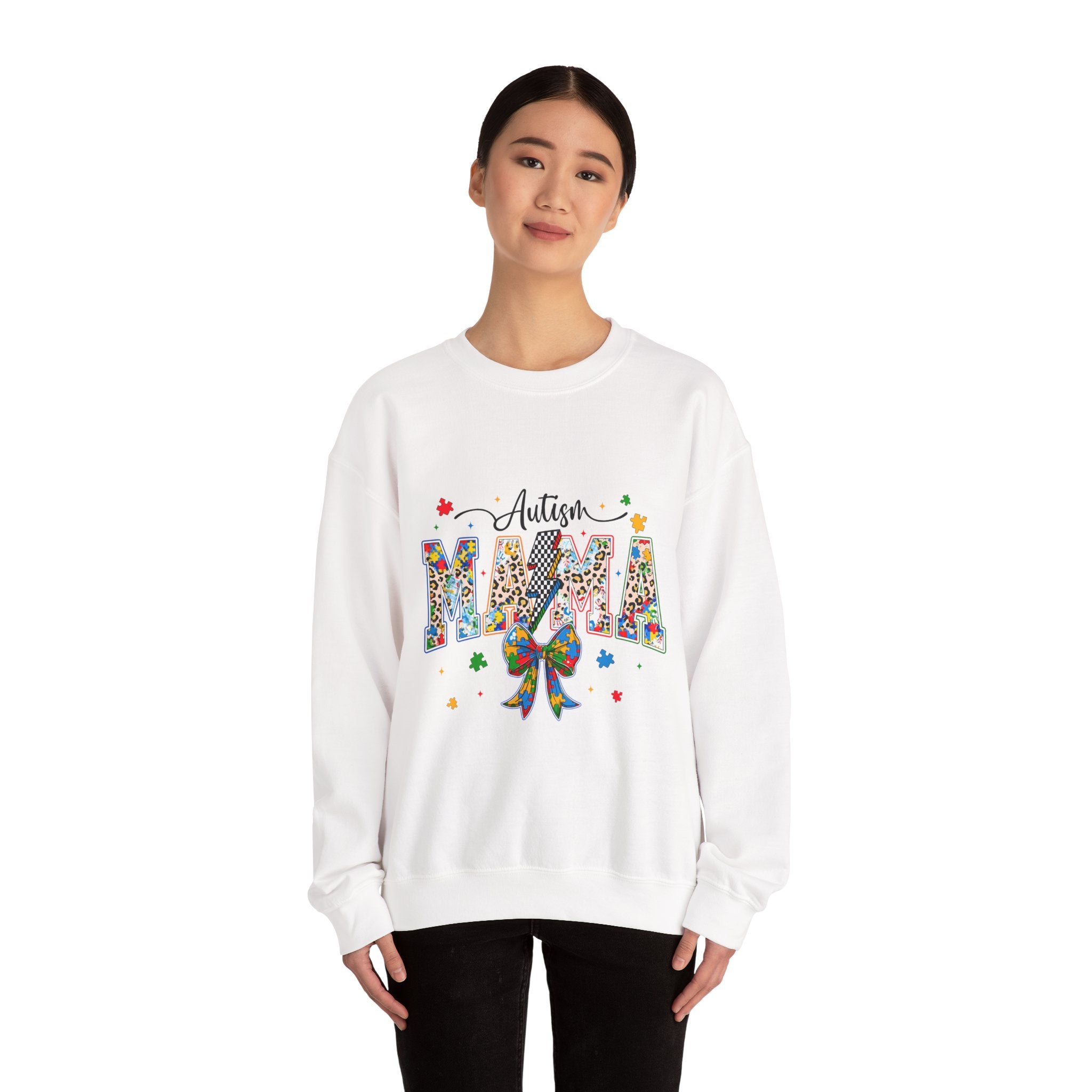 Autism Mama Sweatshirt - Colorful Puzzle Ribbon Mom Crewneck for Awareness & Support