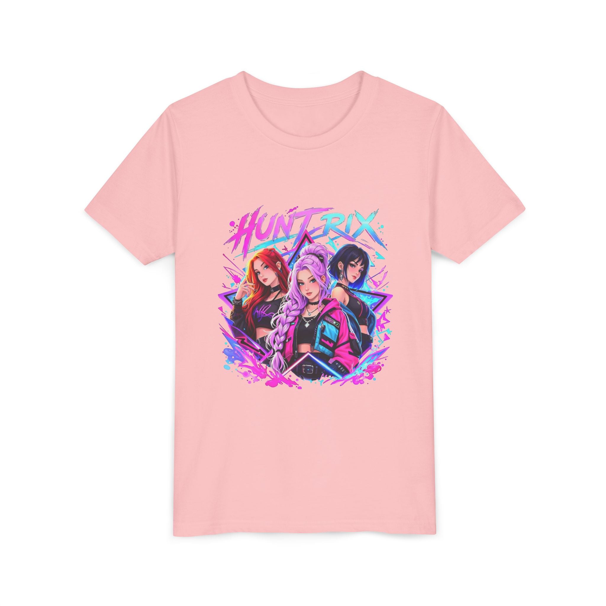 Youth Tee — 'HUNTRIX' Neon Anime Girl Squad Graphic Shirt