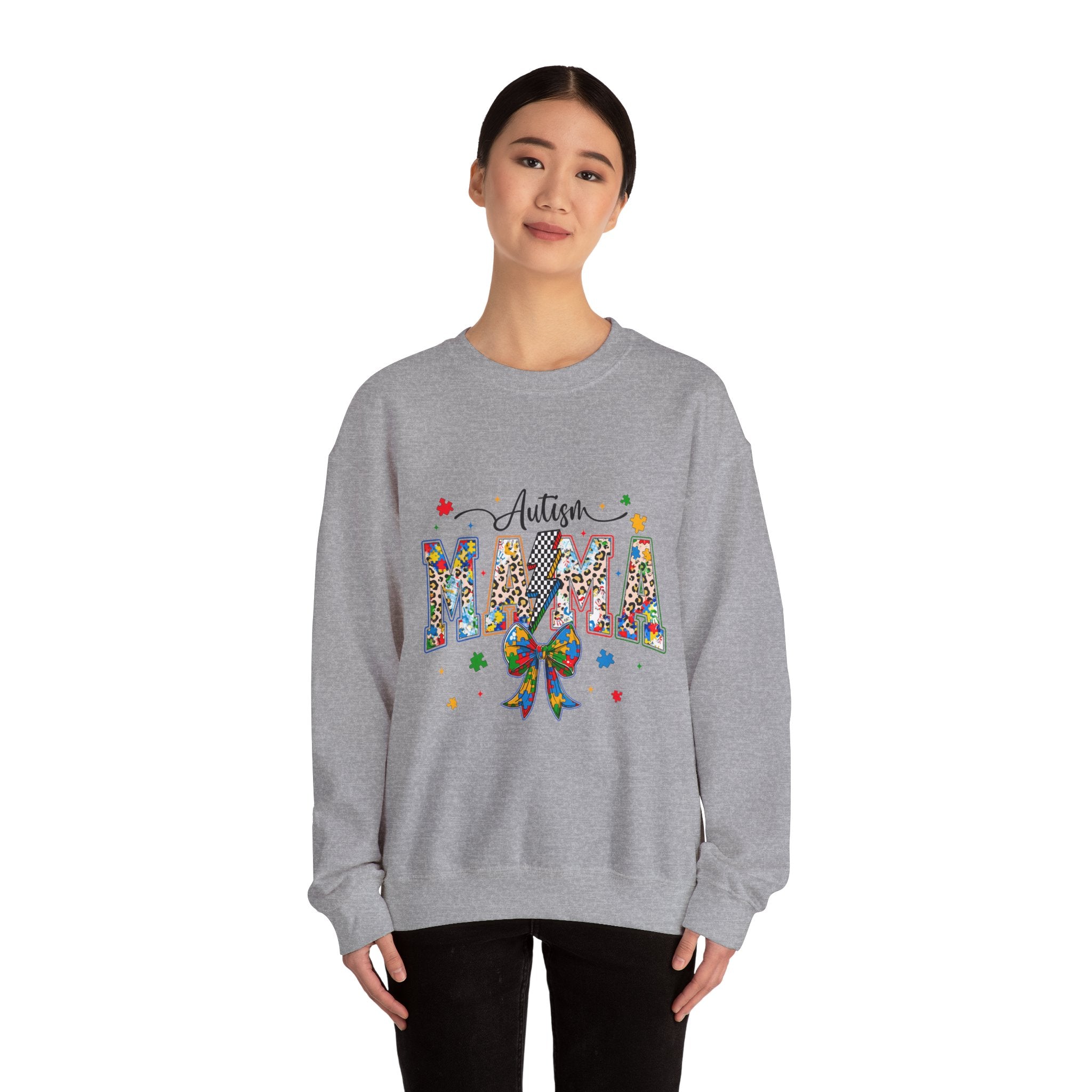 Autism Mama Sweatshirt - Colorful Puzzle Ribbon Mom Crewneck for Awareness & Support