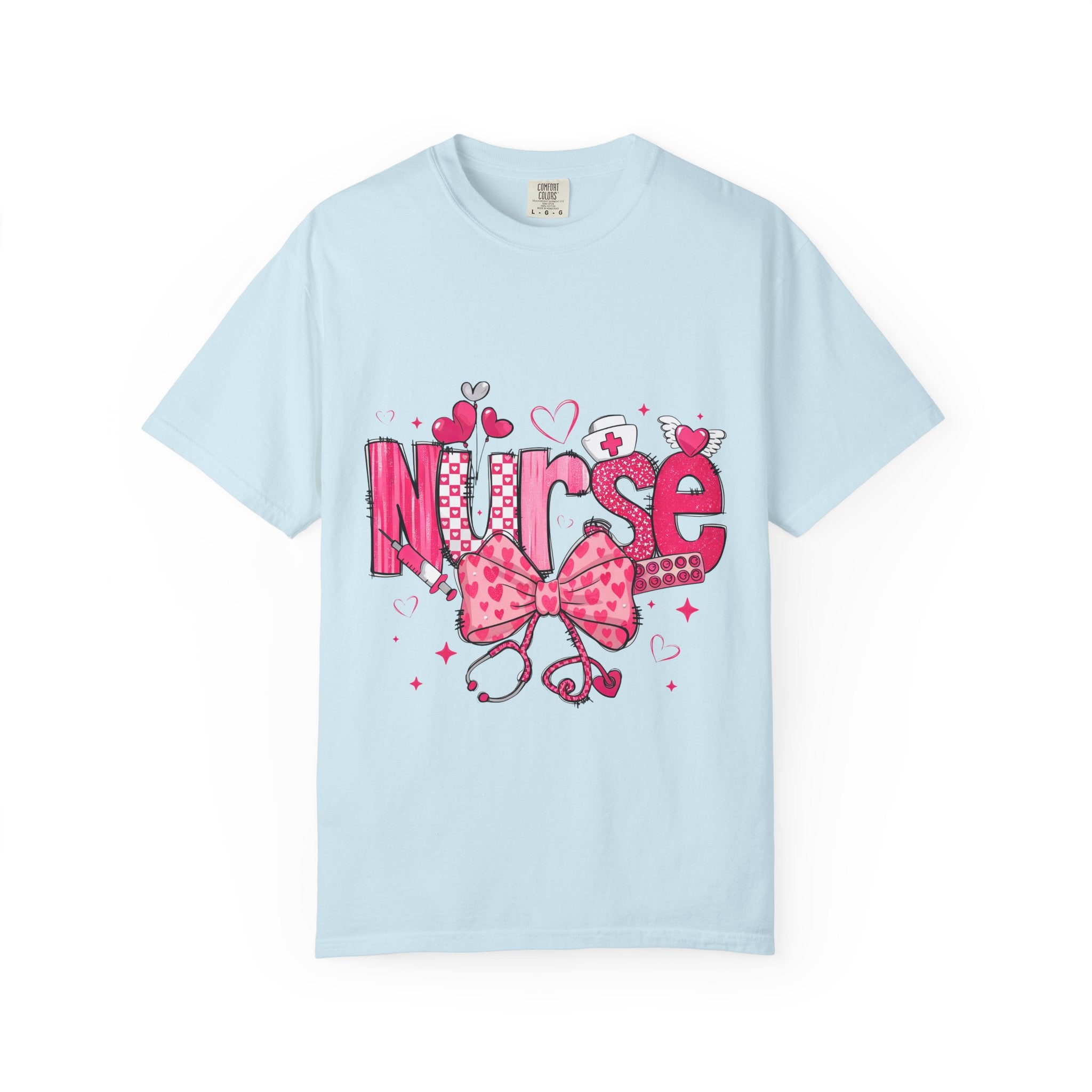 Nurse Pink Hearts Tee — Cute Stethoscope & Bow Nursing Shirt