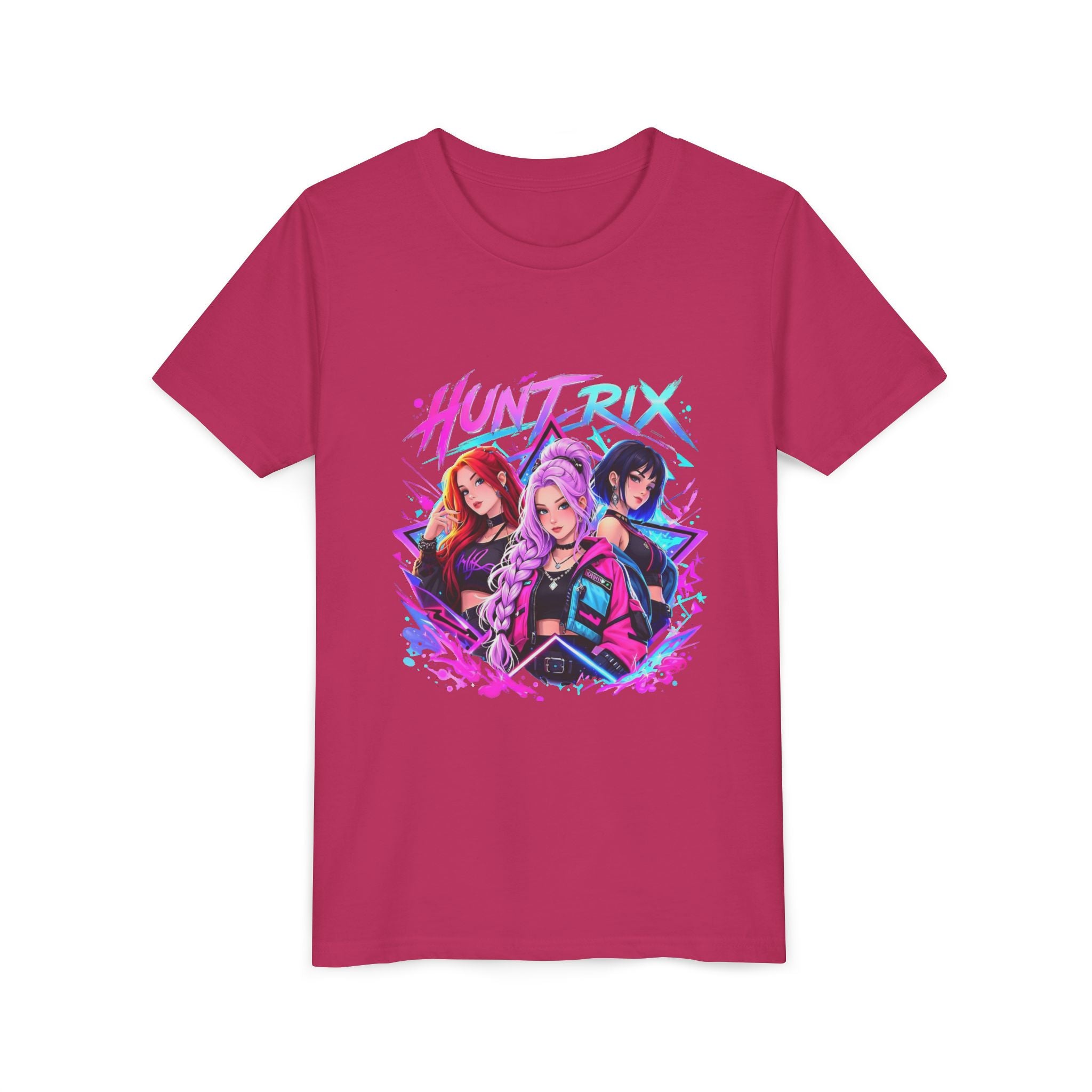 Youth Tee — 'HUNTRIX' Neon Anime Girl Squad Graphic Shirt