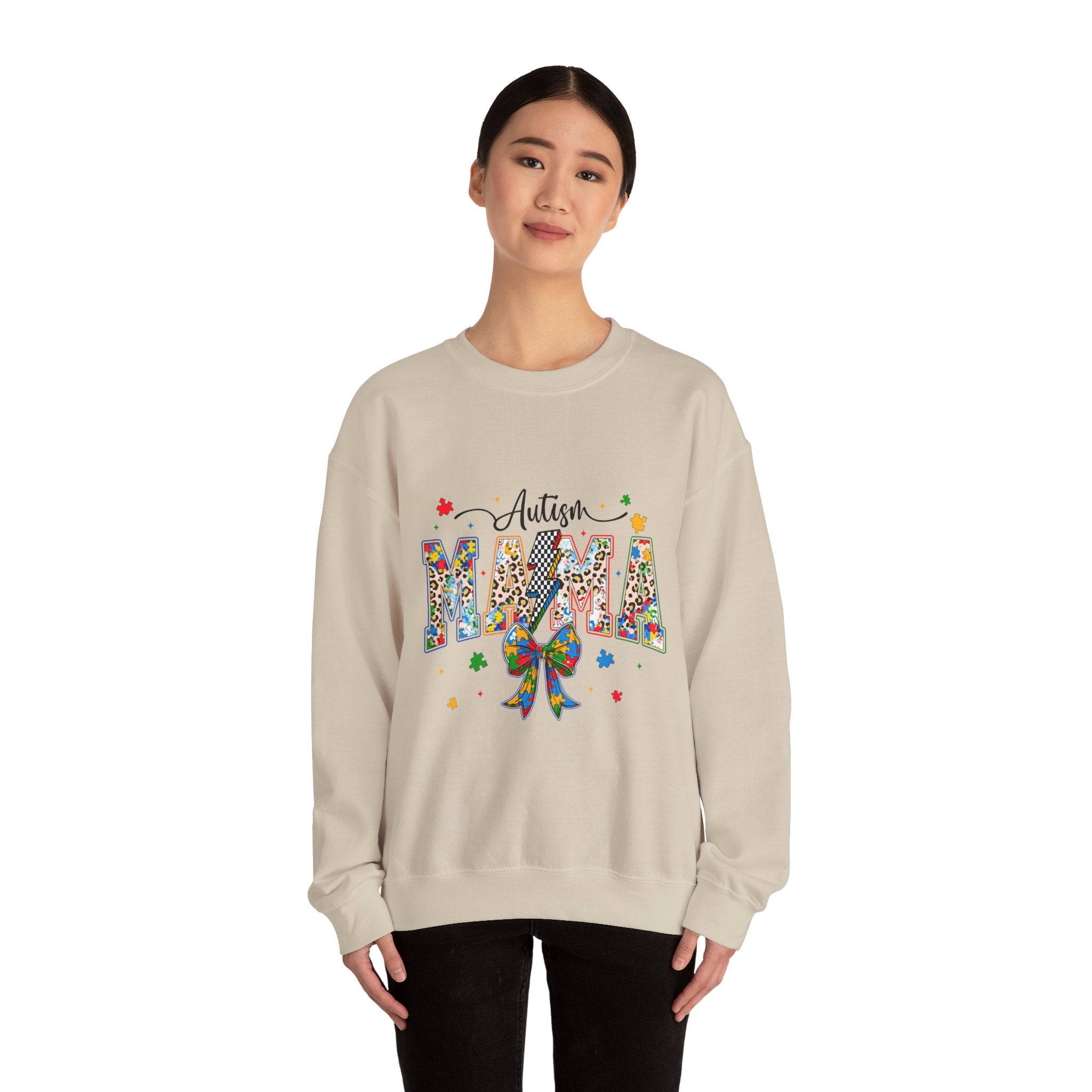 Autism Mama Sweatshirt - Colorful Puzzle Ribbon Mom Crewneck for Awareness & Support