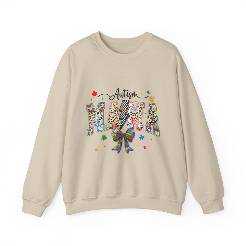 Autism Mama Sweatshirt - Colorful Puzzle Ribbon Mom Crewneck for Awareness & Support