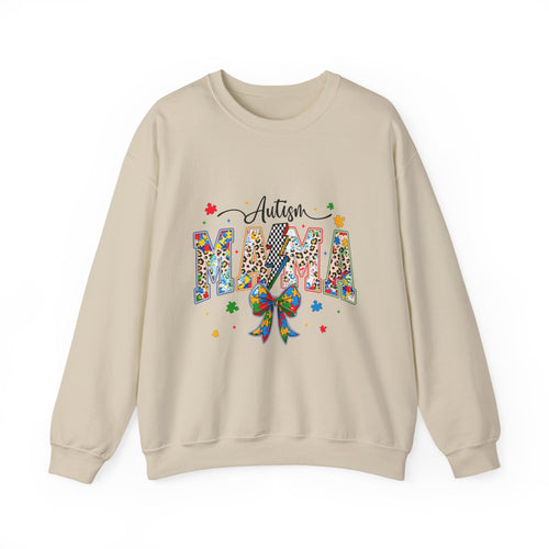 Autism Mama Sweatshirt - Colorful Puzzle Ribbon Mom Crewneck for Awareness & Support