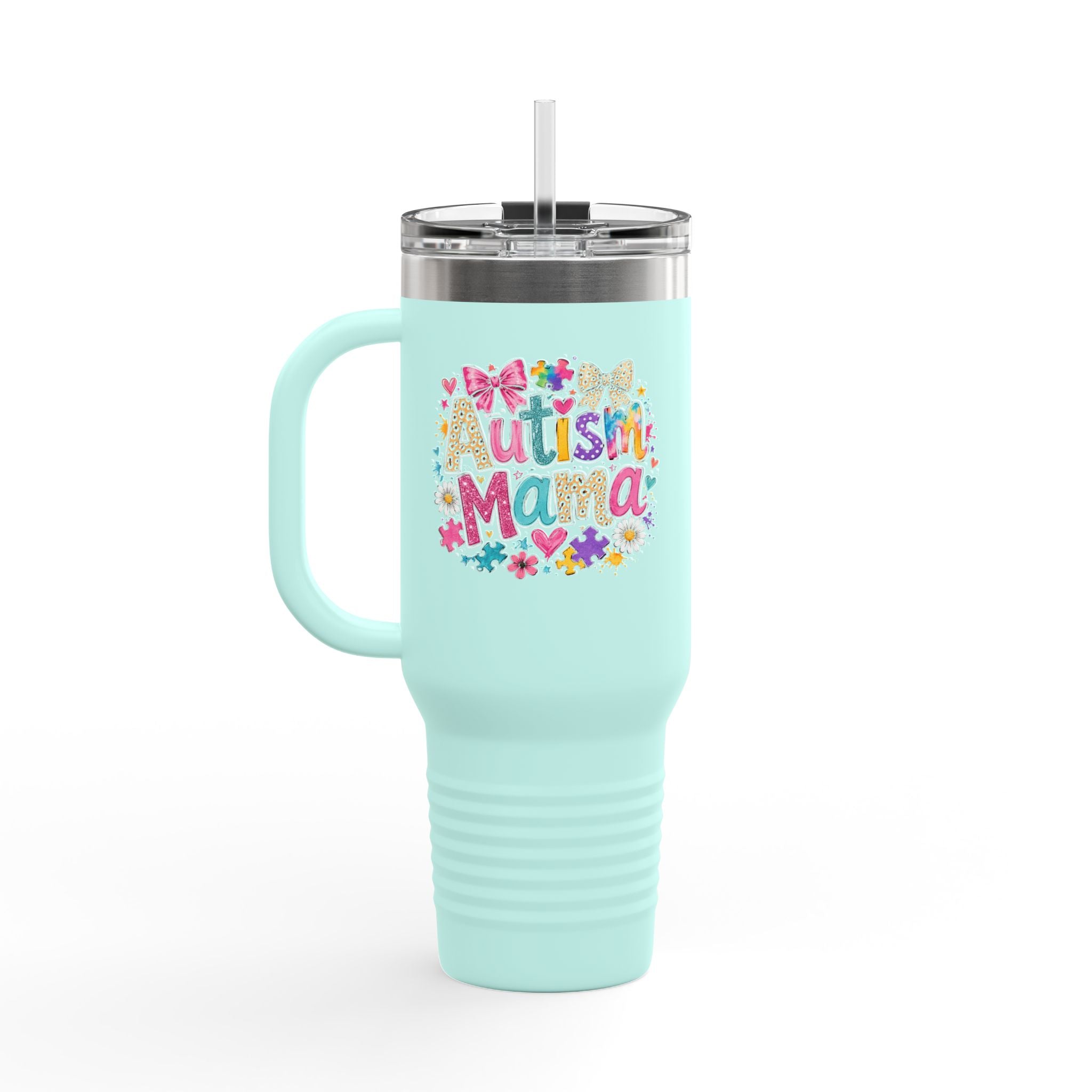 Autism Mama 40oz Insulated Travel Mug — Floral Support Tumbler for Moms