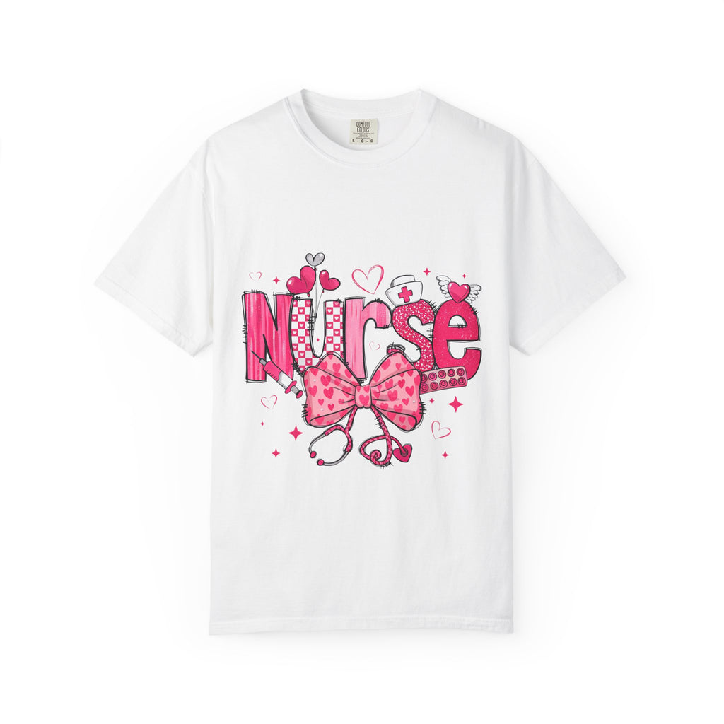 Nurse Pink Hearts Tee — Cute Stethoscope & Bow Nursing Shirt