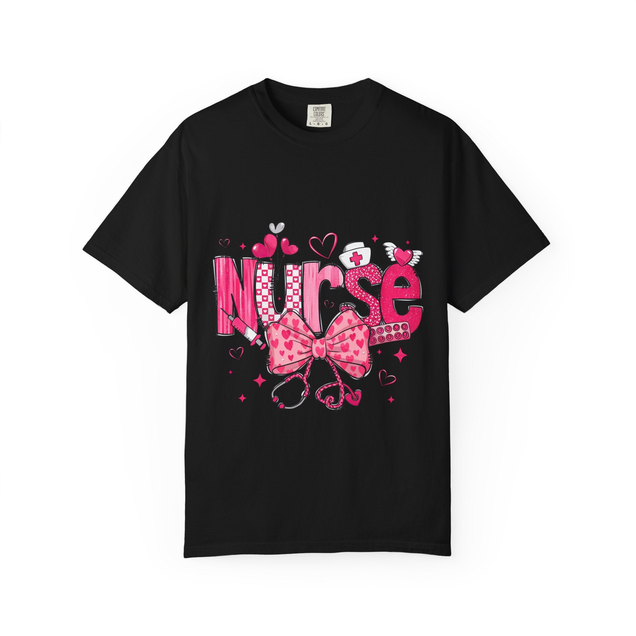 Nurse Pink Hearts Tee — Cute Stethoscope & Bow Nursing Shirt