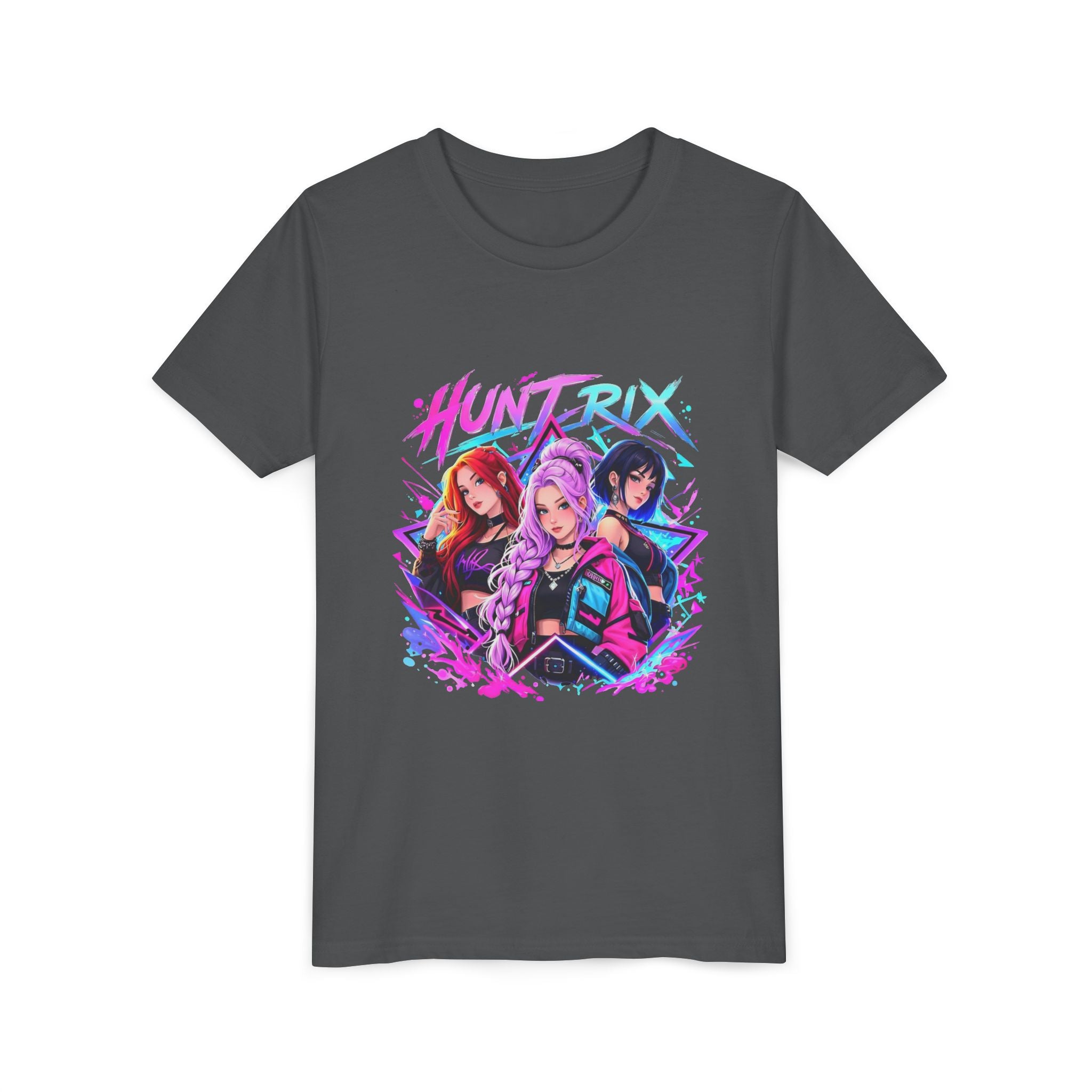 Youth Tee — 'HUNTRIX' Neon Anime Girl Squad Graphic Shirt