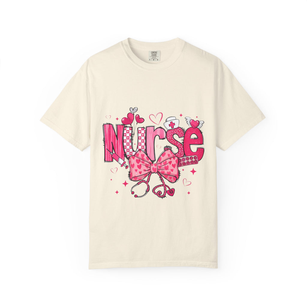 Nurse Pink Hearts Tee — Cute Stethoscope & Bow Nursing Shirt
