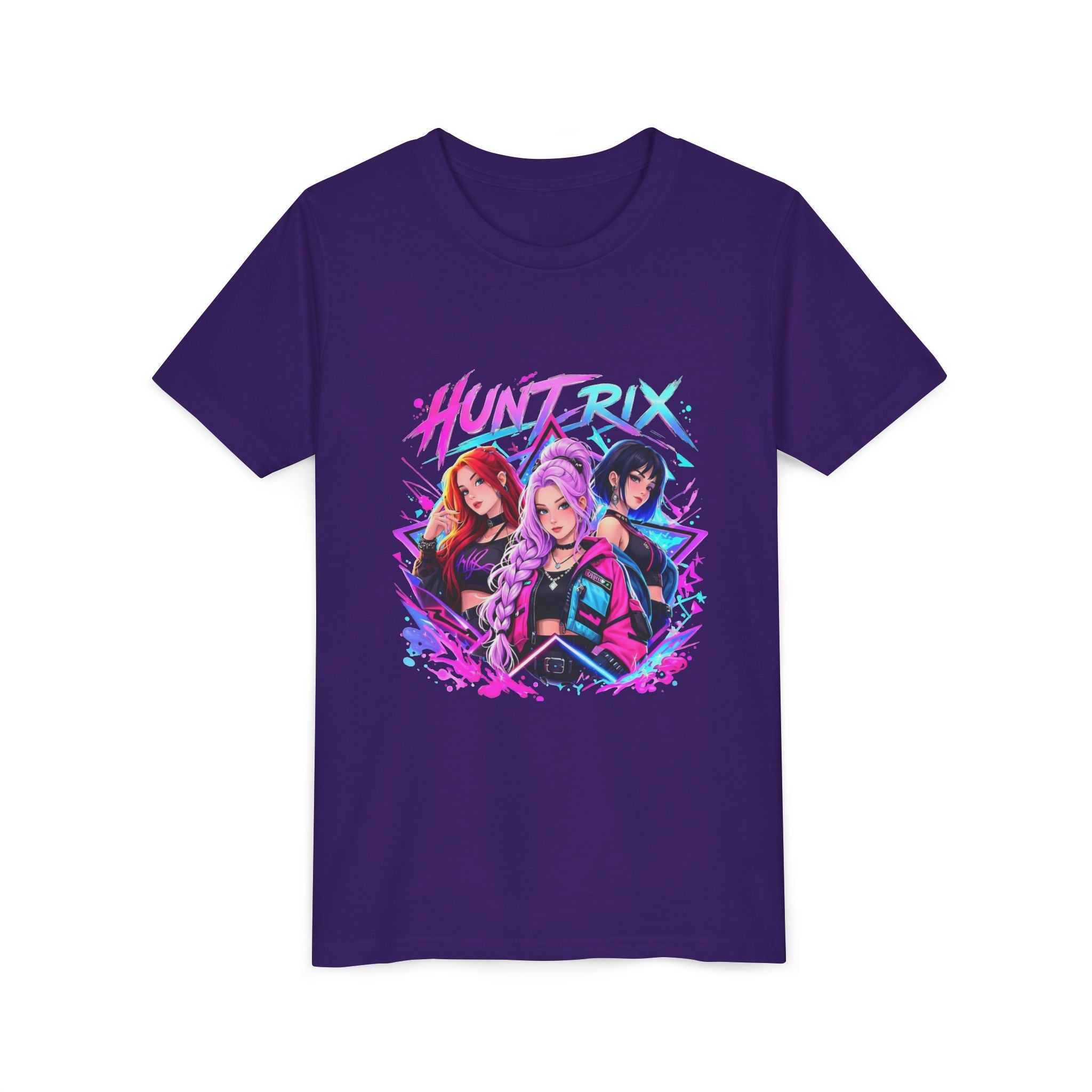 Youth Tee — 'HUNTRIX' Neon Anime Girl Squad Graphic Shirt
