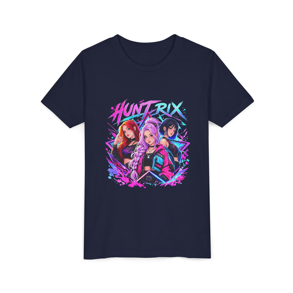 Youth Tee — 'HUNTRIX' Neon Anime Girl Squad Graphic Shirt