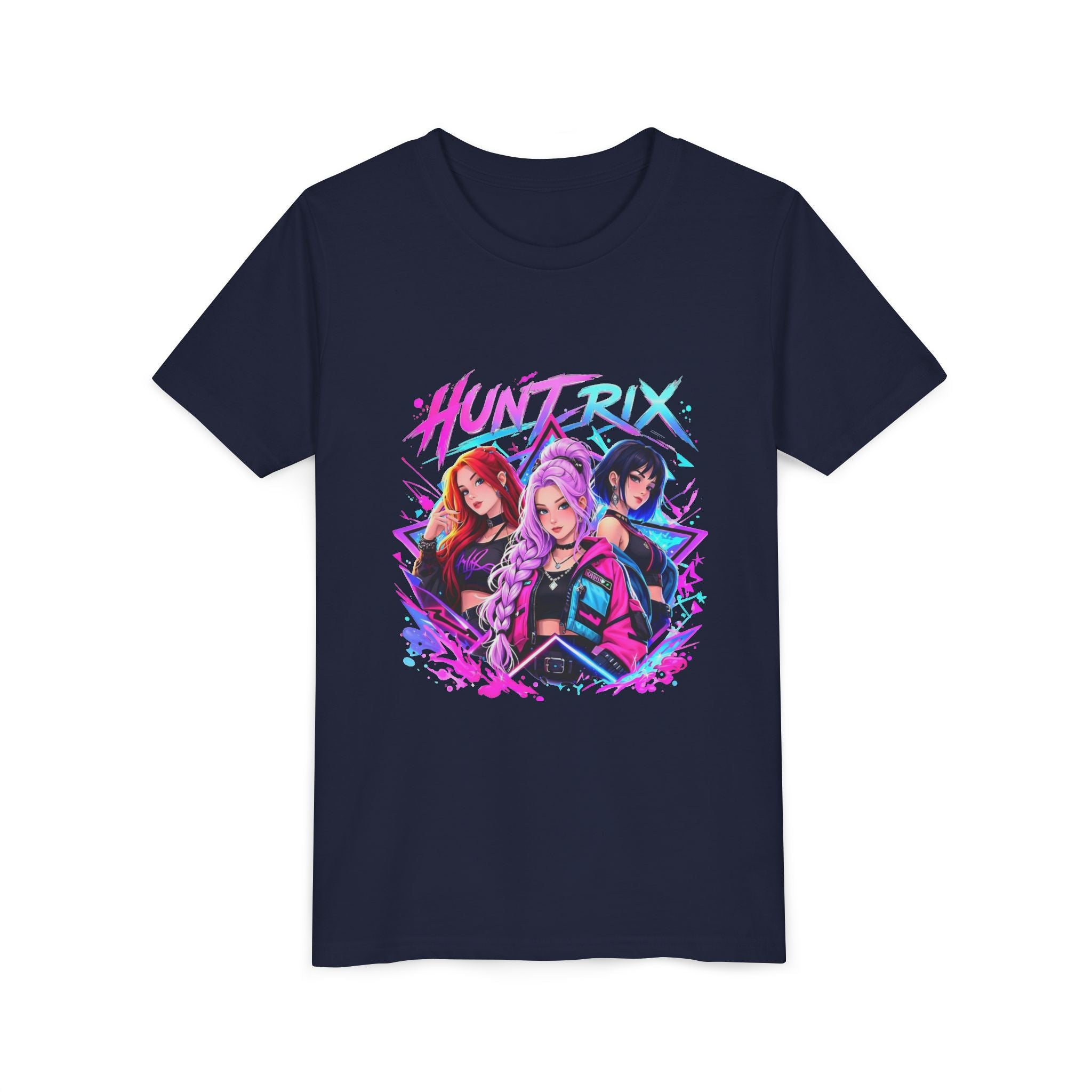 Youth Tee — 'HUNTRIX' Neon Anime Girl Squad Graphic Shirt
