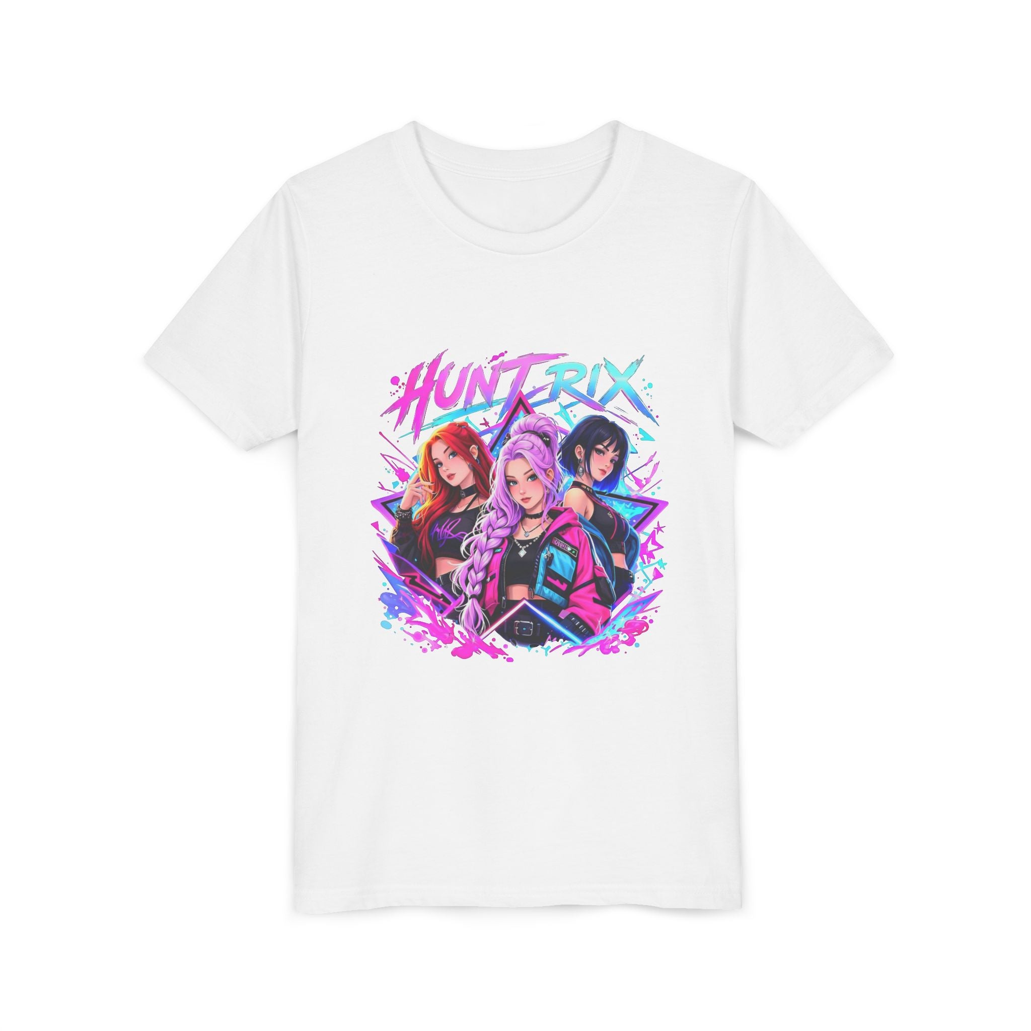 Youth Tee — 'HUNTRIX' Neon Anime Girl Squad Graphic Shirt