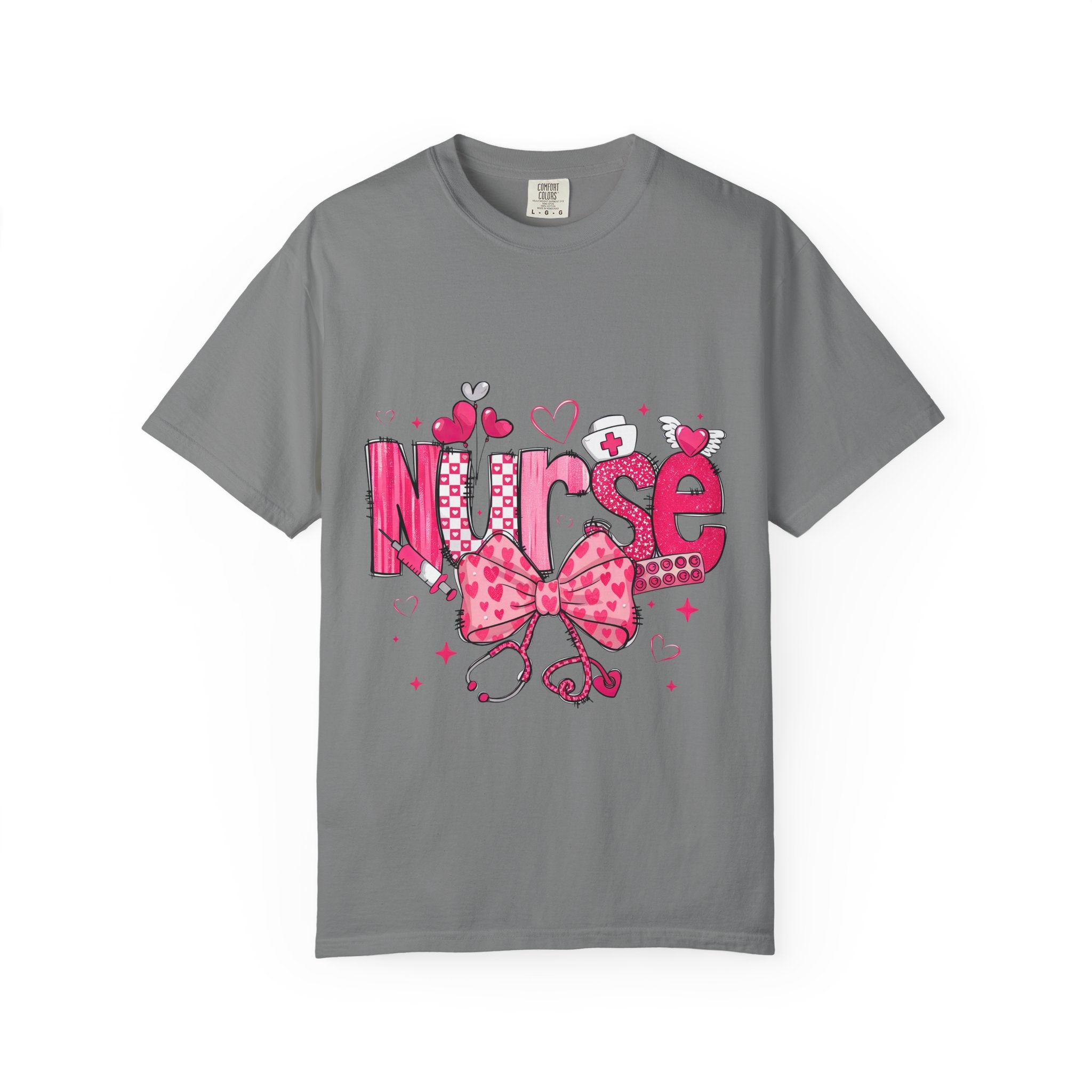 Nurse Pink Hearts Tee — Cute Stethoscope & Bow Nursing Shirt